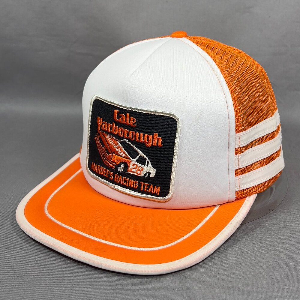 Vtg Cale Yarborough 28 NASCAR Snapback Hat Hardee's Racing 3 Stripe Mesh Mens